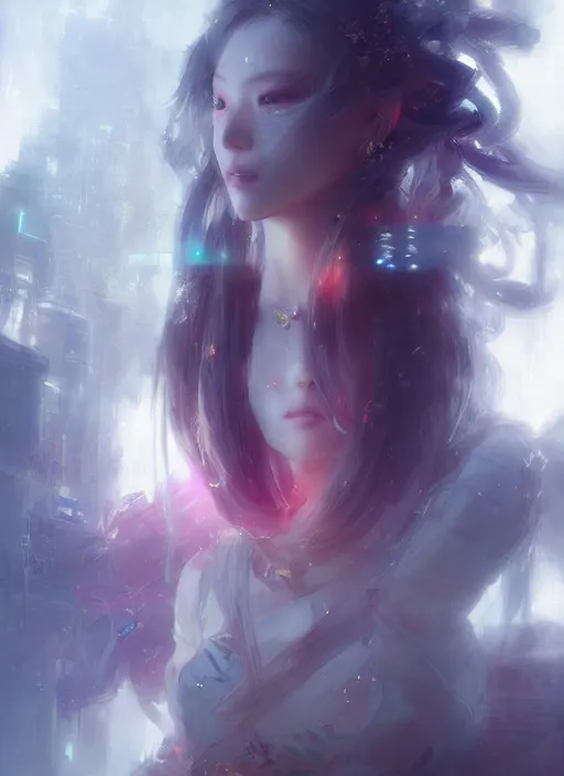 Prompt: a beautiful light haired asian princess, intricate concept art, cyberpunk darksynth, ethereal, ominous, dramatic lighting, ruan jia and krenz cushart and zeronis and wlop