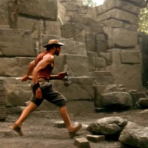 Prompt: Indiana Jones running from rolling boulder trap in ancient temple, raiders of the lost ark movie scene