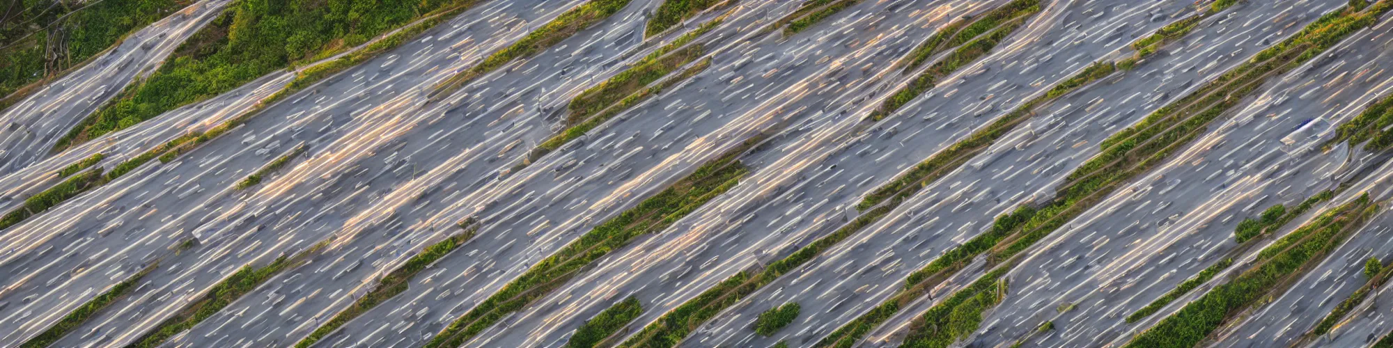 Image similar to top view of busy highway, late afternoon, shadows, cinematic lighting