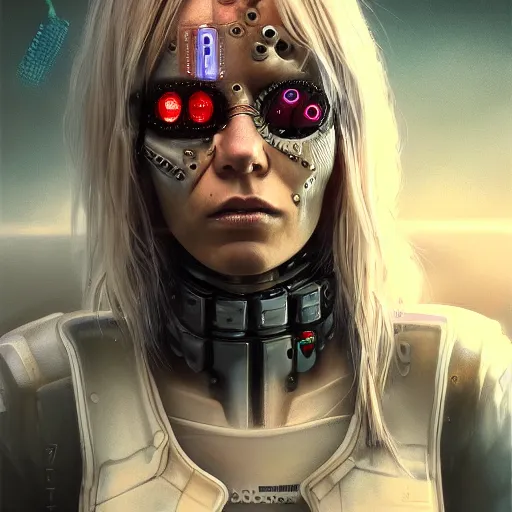 Image similar to extremely detailed portrait of a cyberpunk woman, eye implants, street vendors, citizens, augmented cyborgs, robots, skyscapers, buildings, clouds, sunset, painted by seb mckinnon, high detail, digital art, trending on artstation