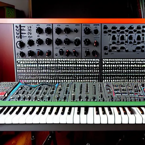 Prompt: moog system 100 modular synth covered in tentacles