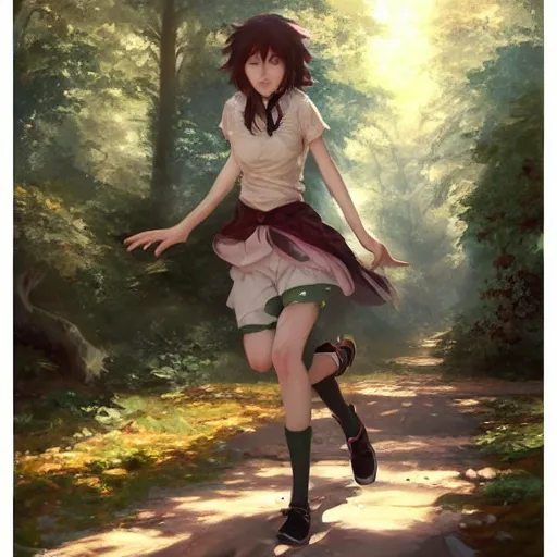 Prompt: a woman running through the forest, a detailed painting by krenz cushart, pixiv contest winner, fantasy art, official art, detailed painting, pixiv. highly detailed. 4 k masterpiece.