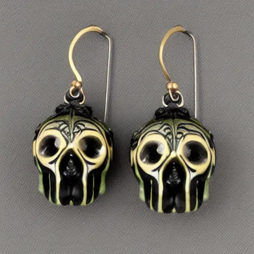 Image similar to artnouveau skull earrings made by René lalique in black, white and emerald and gold