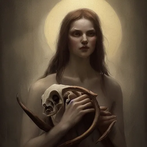 Image similar to woman with goat horns holding an animal skull, style of da vinci, horror, fantasy illustration, by greg rutkowski