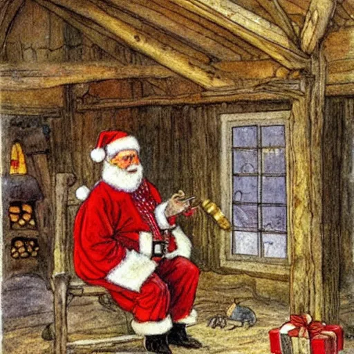 Image similar to Santa inside a rustic barn, in the style of Carl larsson