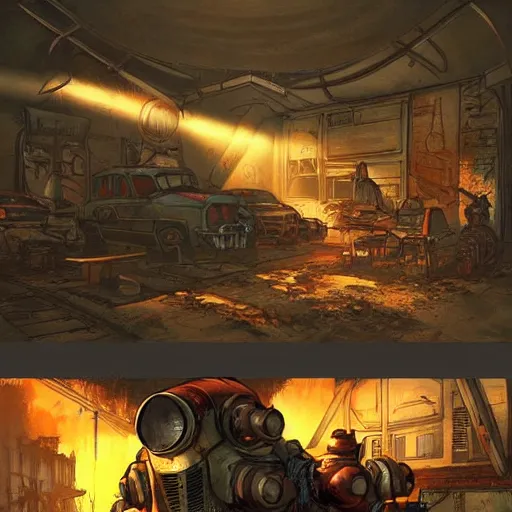 Prompt: fallout 5, concept art drawings of the opening scene, storyboard, concept art, comic style, atmospheric lighting, painted, intricate, volumetric lighting, beautiful, rich deep colours masterpiece, sharp focus, ultra detailed by jack kirby, ignacio fernandez rios, thierry doizon