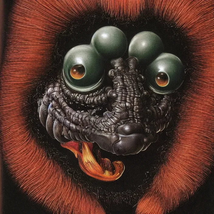 Prompt: close up portrait of a mutant monster creature with giant flaming protruding eyes bulging out of their eye sockets, exotic black orchid - like mouth, insect antennae by jan van eyck, walton ford