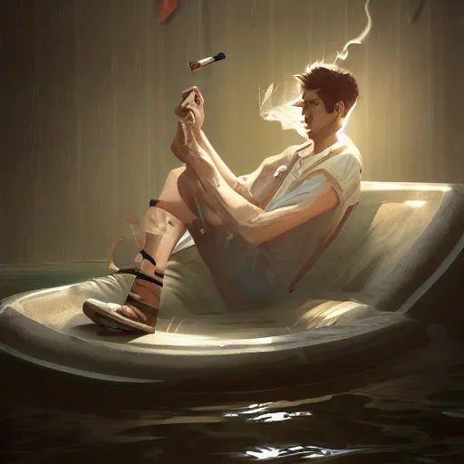 Image similar to drowning past regrets in tea and cigarettes, artstation, cgsociety