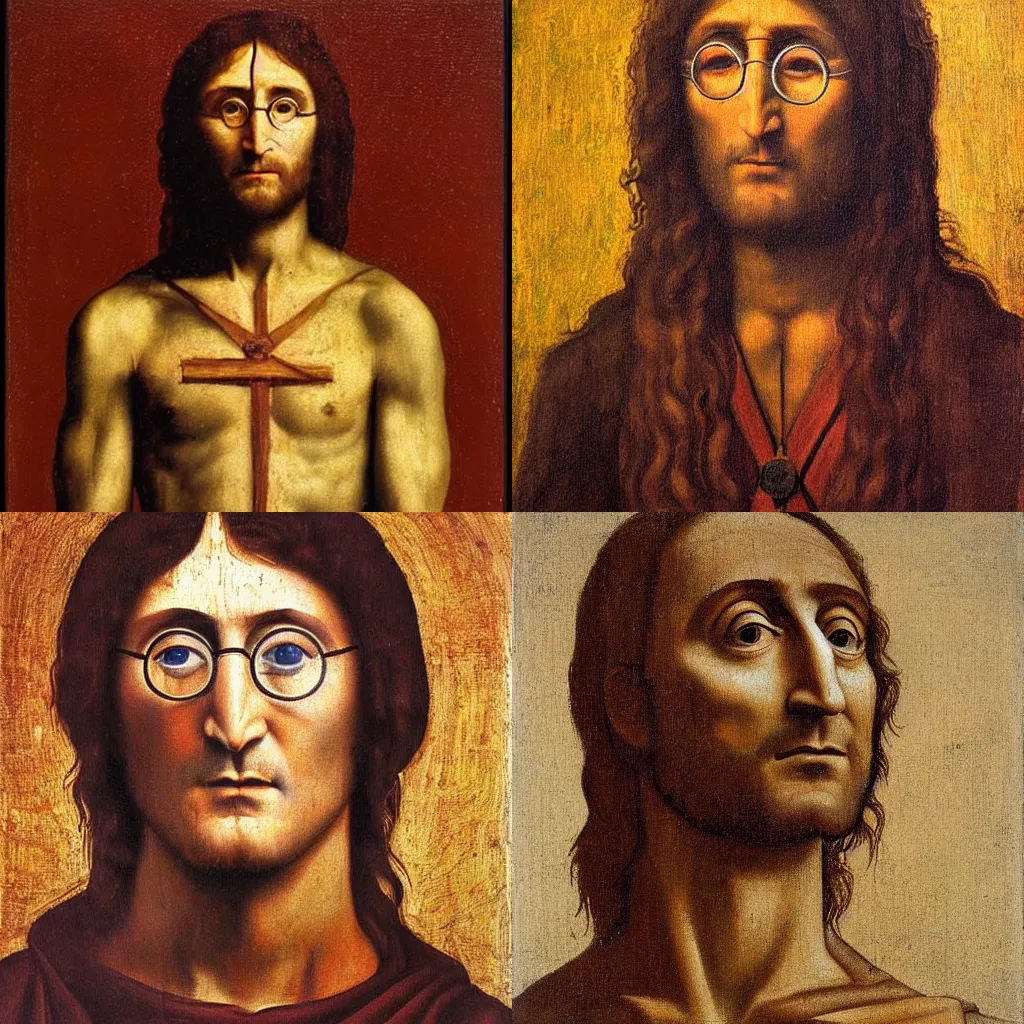 Prompt: portrait of john lennon crucified, oil painting by leonardo da vinci