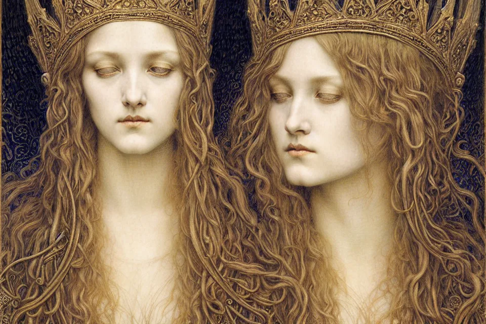 Image similar to detailed realistic beautiful young medieval queen face portrait by jean delville, gustave dore and marco mazzoni, art nouveau, symbolist, visionary, gothic, pre - raphaelite. horizontal symmetry