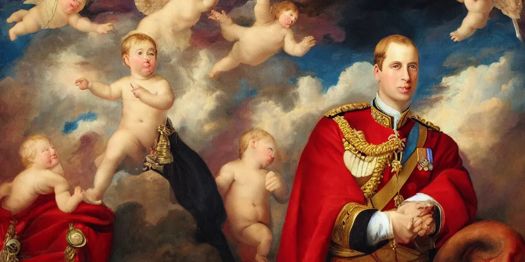 Image similar to painting of prince william, duke of cambridge with heavenly angels surrounding him with heavenly clouds in the background