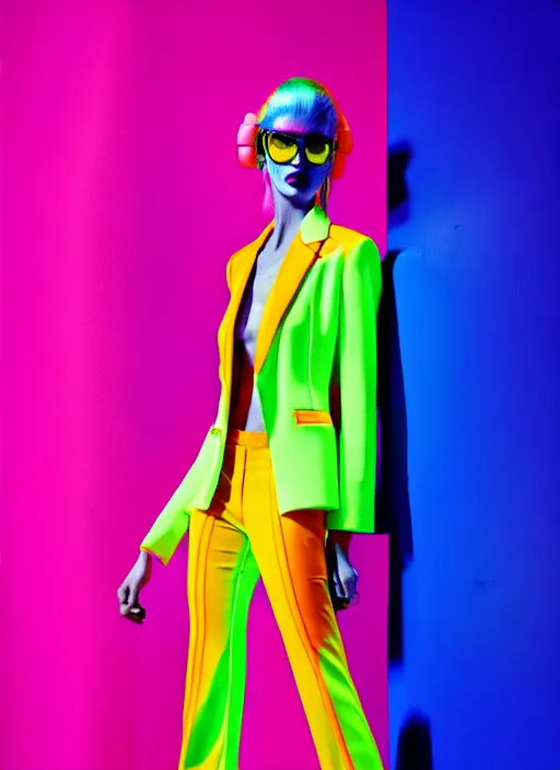 Image similar to bright trouser suit for a rave, bright colors, many details, prints, photo for a magazine, photo for a store, fashion photography, Vogue, 135 mm, cinematic, hyper realism, high detail, 8k, Two models in the frame, dynamic pose,Smooth skin, perfect face