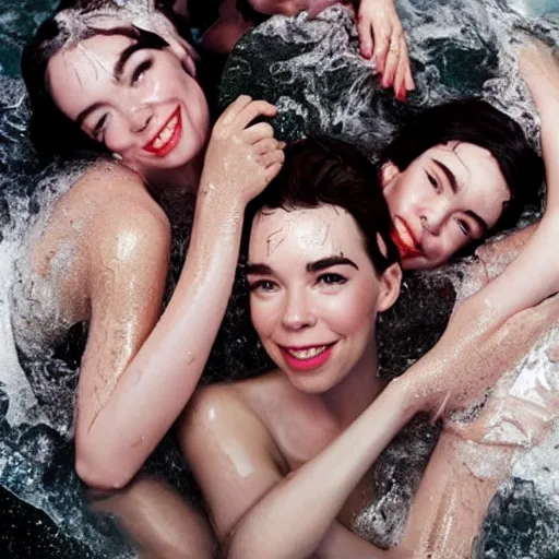 Image similar to stunning vogue magazine photo of dark - haired goddesses vanessa kirby, hailee steinfeld, and bjork smiling, legs intertwined, in a bubble bath, with wet faces!!, wet lips, smooth skin, perfect eyes, insanely detailed, elegant, by wlop, rutkowski, livia prima, mucha, wlop,