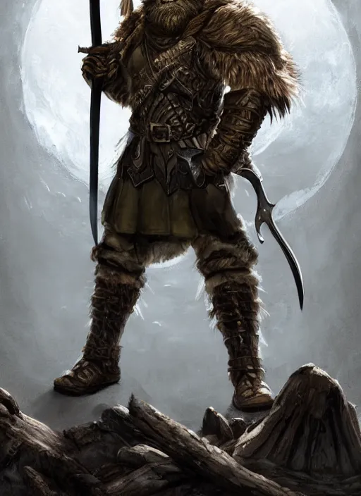 Image similar to strong young man, photorealistic bugbear ranger holding aflaming sword, black beard, dungeons and dragons, pathfinder, roleplaying game art, hunters gear, jeweled ornate leather and steel armour, concept art, character design on white background, by alan lee, norman rockwell, makoto shinkai, kim jung giu, poster art, game art