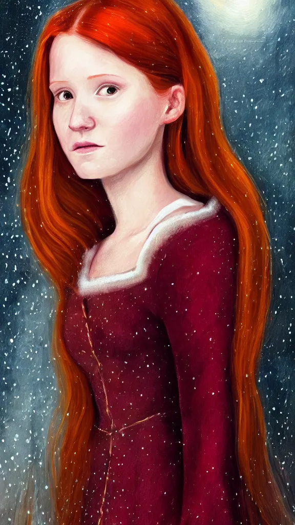 Prompt: a close - up portrait of ginny weasley, attending the yule ball. beautiful painting by jim kay. color harmony, 8 k detail, gallery quality, hd wallpaper, premium prints available, hyper - detailed, intricate design.
