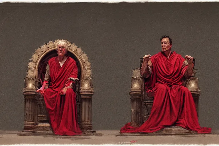 Image similar to the end is near. a tired julius caesar is sitting on his throne. face is highly detailed. splices of red are running down his toga. mist. color scheme red. low angle medium shot. imagined by jeremy lipking