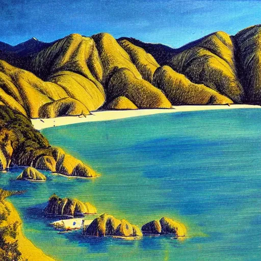 Image similar to golden bay abel tasman new zealand, rococo art style, highly detailed