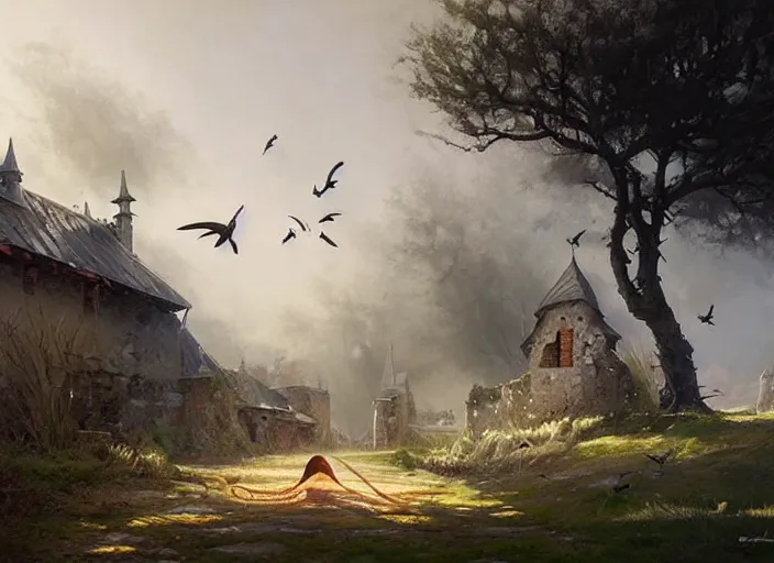 Prompt: medieval battlefields in front of a house with birds and animals around it and magic water, mystical creature, sharp brush, soft color, landscape painting by greg rutkowski, peter mohrbacher, john harris, alena aenami, magali villeneuve