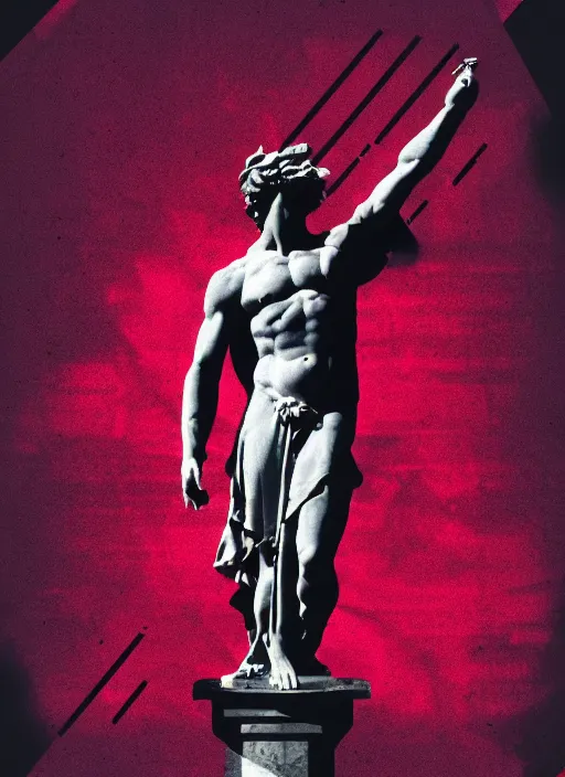 Image similar to black background with subtle red and purple design elements, greco roman statue, grey, nekro, thin lines, dark, glitch art, neo vaporwave, gritty, layout frame, trending on artstation