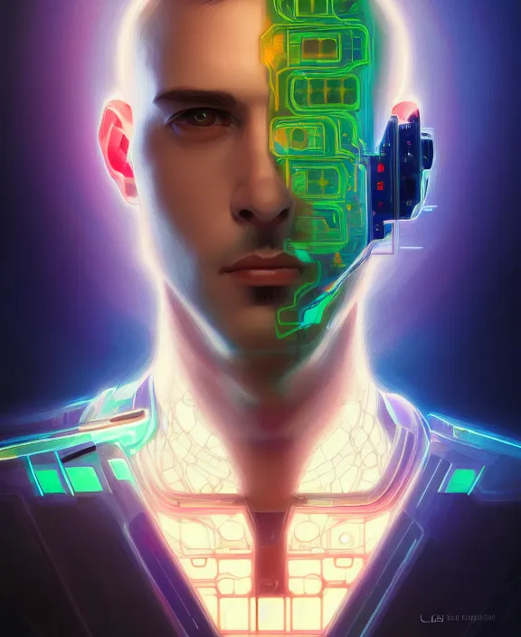 Image similar to a whirlwind inside the metaverse, guy, male, man, hologram, half body, neurochip, android, cyborg, cyberpunk face, by loish, d & d, fantasy, intricate, elegant, highly detailed, colorful, digital painting, artstation, concept art, art by artgerm and greg rutkowski and alphonse mucha