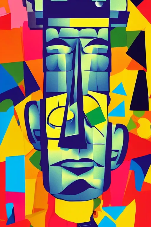 Image similar to cubist moai statue cutout digital illustration cartoon colorful beeple