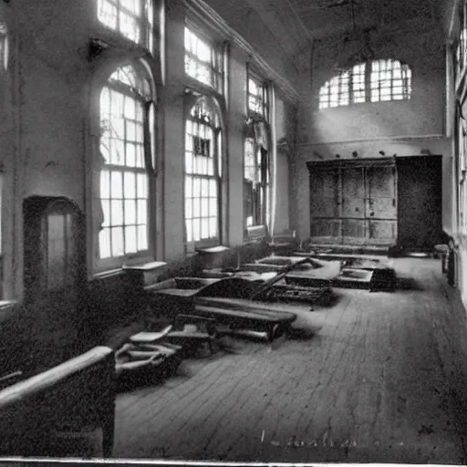 Prompt: insane asylum interior, 1910s