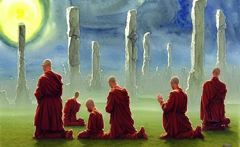 Image similar to a hyperrealist watercolour character concept art portrait of a group of european monks kneeling down in prayer to a tall elegant lovecraftian alien on a misty night in stone henge. a battlecruiser starship is in the background. by rebecca guay, michael kaluta, charles vess and jean moebius giraud