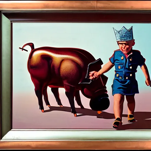 Prompt: retro futuristic boy wearing crown riding on the back of a pig by syd mead Board Painting, high contrast, sharp, 8k