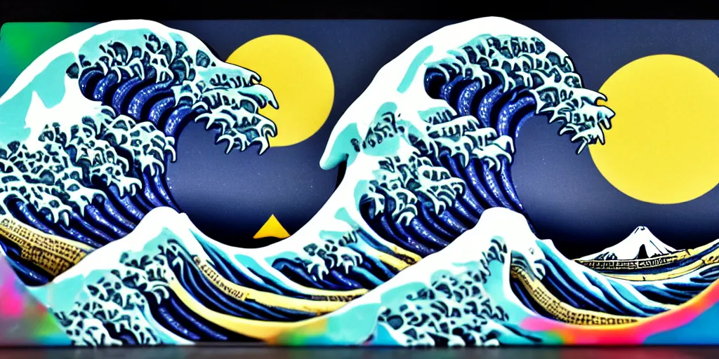 Image similar to carved diorama of The Great Wave off Kanagawa, but the water is made of a herd of Unicorns, with rainbow lava and neon fire, carved out of transparent marble