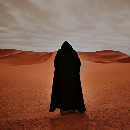 Prompt: a man wearing a long cloak and hood, in the desert, panavision panaflex