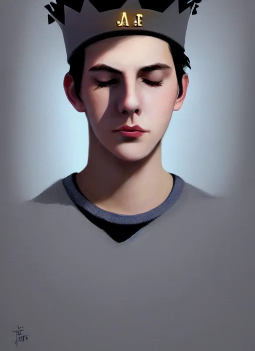 Image similar to portrait of teenage jughead jones wearing a light grey crown, photorealistic, crown, eyes closed, crown, black hair, sweater with letter s on it, letter s, intricate, elegant, glowing lights, highly detailed, digital painting, artstation, concept art, smooth, sharp focus, illustration, art by wlop, mars ravelo and greg rutkowski