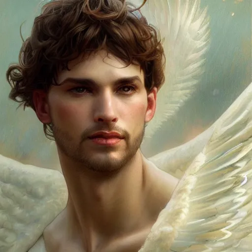 Image similar to up close portrait of a male angel, d & d, face, fantasy, intricate, elegant, highly detailed, digital painting, artstation, concept art, smooth, sharp focus, illustration, art by artgerm and greg rutkowski and alphonse mucha