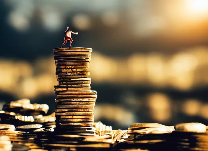 Prompt: a 3 5 mm photo of hills made of of coins, with a man standing on top, splash art, movie still, bokeh, canon 5 0 mm, cinematic lighting, dramatic, film, photography, golden hour, depth of field, award - winning, anamorphic lens flare, 8 k, hyper detailed, 3 5 mm film grain