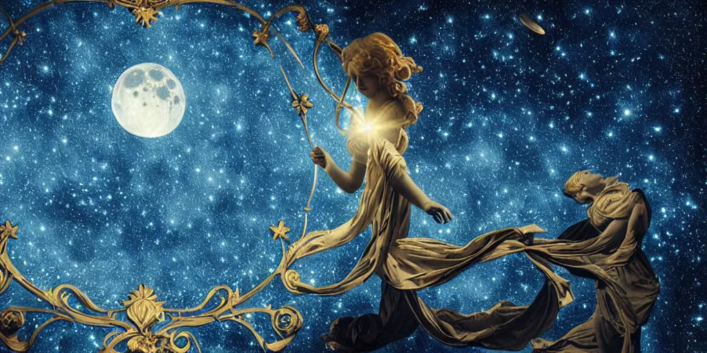 Prompt: sky in a starry night with glowing meteor showers, ascension of a woman decomposing and dissolving into moon, dark - blue black gold beige saturated, ornate baroque rococo art nouveau intricate detail, 3 d specular lighting, cinematic, no blur, no bokeh, no depth of field, uplight