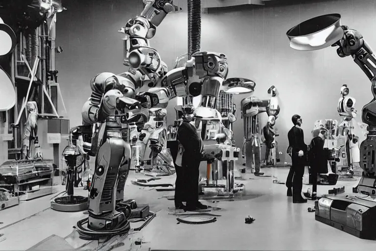 Image similar to a futuristic film studio with robot technicians preparing a scene by Stanley kubrick, sci-fi, color vibe, reimagined by industrial light and magic