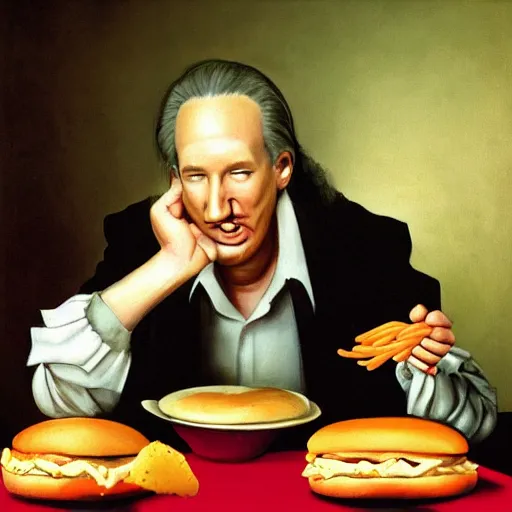 Prompt: surreal grotesque kitsch low-brow portrait of Bill Maher emerging from deep shadows eating hamburgers, extra onions and ketchup, luscious patty with sesame seeds, figure in the darkness, serving big macs, french fry pattern ambience, Francisco Goya, painted by John Singer Sargant, Adrian Ghenie, style of Francis Bacon, highly detailed, 8k, trending on artstation