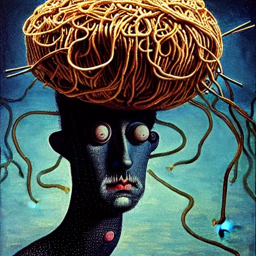 Prompt: flying spaghetti monster wearing colander as a hat, creating the universe, by otto dix, junji ito, hr ginger, jan svankmeyer, beksinski, claymation, hyperrealistic aesthetic, masterpiece