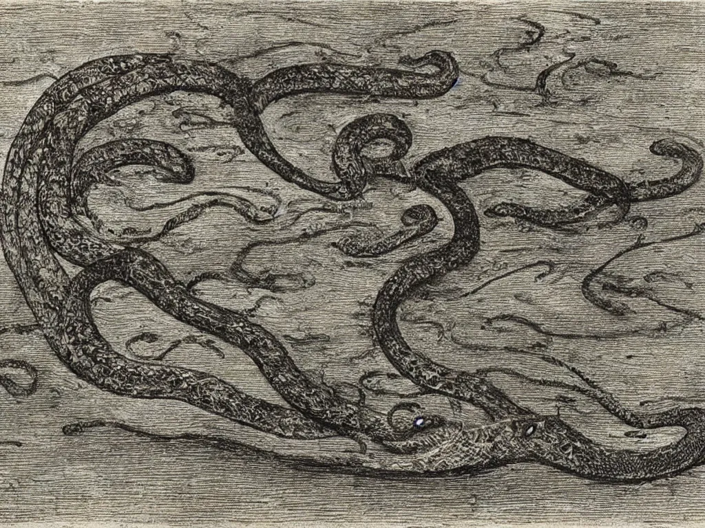 Prompt: serpent above the dark waters. painting by alfred kubin, codex serafinianus