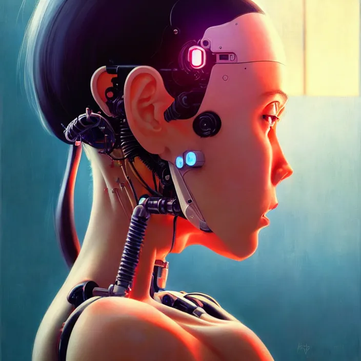 Image similar to side portrait of cyborg girl with robotic parts | | head only, audrey plaza, fine detail!! anime!! realistic shaded lighting!! poster by ilya kuvshinov katsuhiro otomo ghost - in - the - shell, magali villeneuve, artgerm, jeremy lipkin and michael garmash and rob rey