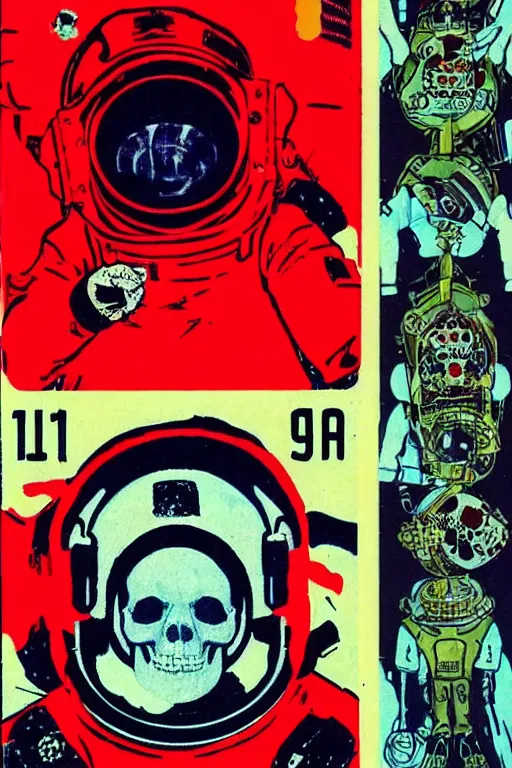 Image similar to soviet playing card, astronaut with neon glowing skull 1 9 6 0 s color _ bleed _ video compression video glitch vhs footage akira kurosawa mamoru oshii wes anderson