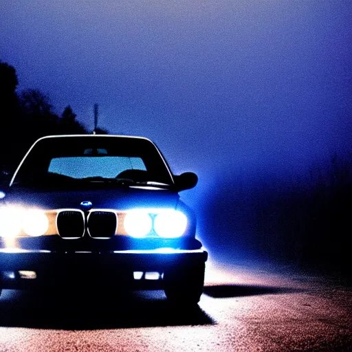 Image similar to a blue bmw e30 | nighttime | lights reflecting through haze and fog | darkness