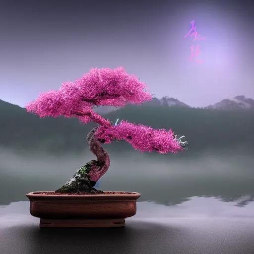 Prompt: a giant blossom bonsai growing out of a mystical foggy lake in the mountains. 4 k. artstation.