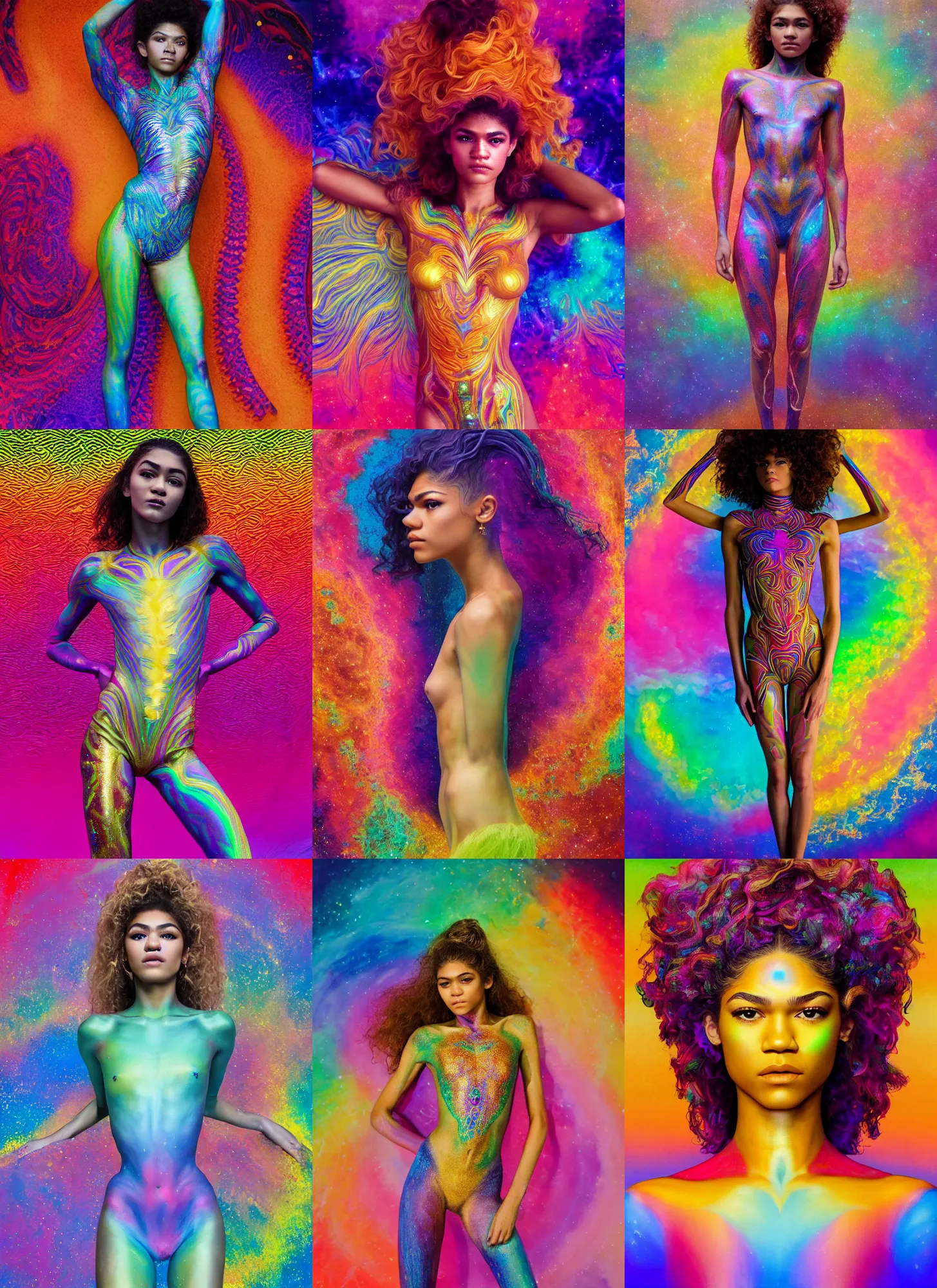 Prompt: full body Zendaya by Jean-Baptiste Carpeaux and Luo Li Rong and Michael James Talbot as goddess, golden, all body, floating in space. perfect symmetrical face, colorful, psychedelic colors, fractals, fresh rainbow bodypainting, synthwave, in full growth, elegant, realistic, 8K, female full-skin figure, hyperrealism, subsurface scattering, raytracing, rim light, Octane Render, Redshift, Zbrush, Alex Grey, mandelbulb 3d, Zdzisław Beksiński, complex psychedelic glitch background