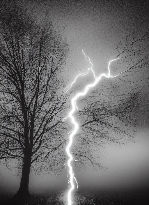 Image similar to a 2 8 mm macro photo of lightning striking the top of a tree in a field, long exposure, misty, night, splash art, movie still, bokeh, canon 5 0 mm, cinematic lighting, dramatic, film, photography, golden hour, depth of field, award - winning, anamorphic lens flare, 8 k, hyper detailed, 3 5 mm film grain