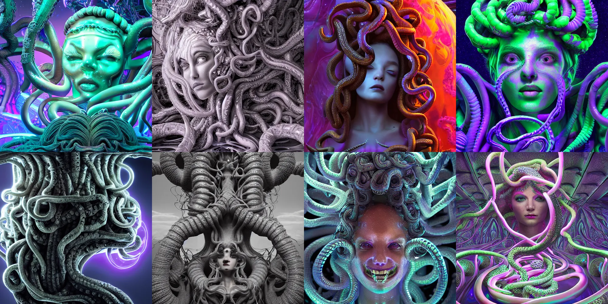Prompt: beautiful medusa gorgon, cosmic horror, abstract, ghostly, arcade, duotone, poltergeist, epic lighting, intricate, elegant, highly detailed, smooth, sharp focus, photo real, ultra realistic, unreal engine 5, raytracing, in the style of beeple and mike winkelmann, ultraviolet colors,