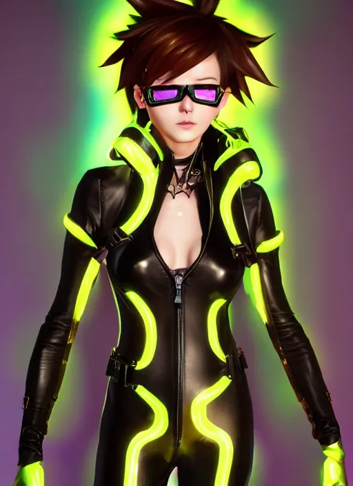 Image similar to portrait bust digital artwork of tracer overwatch, wearing iridescent rainbow latex and leather straps catsuit outfit, neon makeup, in style of mark arian, angel wings, wearing detailed leather collar, chains, black leather harness, detailed face and eyes,
