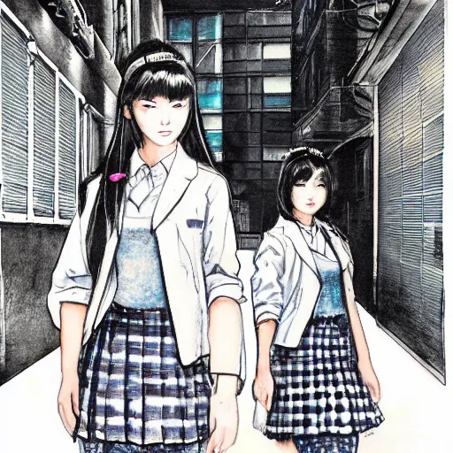 Image similar to a perfect, realistic professional digital sketch of a Japanese schoolgirls posing in a synthwave alleyway, style of Marvel, full length, by pen and watercolor, by a professional American senior artist on ArtStation, a high-quality hollywood-style sketch, on high-quality paper