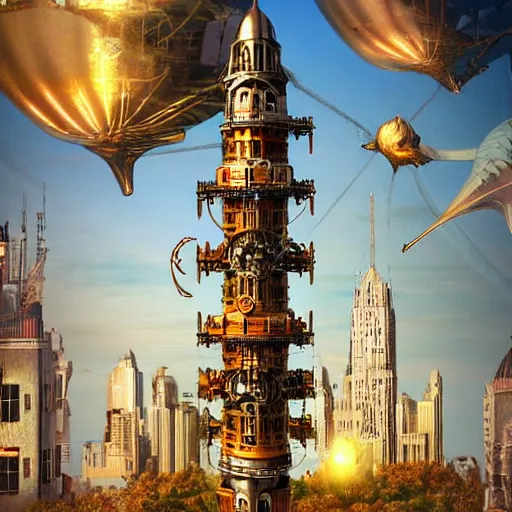 Prompt: Free city, floating in the wind on its huge shining engine. It is inhabited by a variety of creatures, erecting their own high building, a match for their self-expression. Steampunk style.