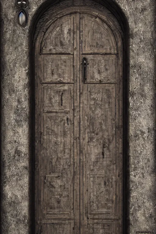 Image similar to a huge old weathered dark wooden door made with shiny metallic rush plant ornaments, reflecion, ornate, fantasy, photorealistic, octane render, high definition, ultra detailed, trandind on artstation, midjourney