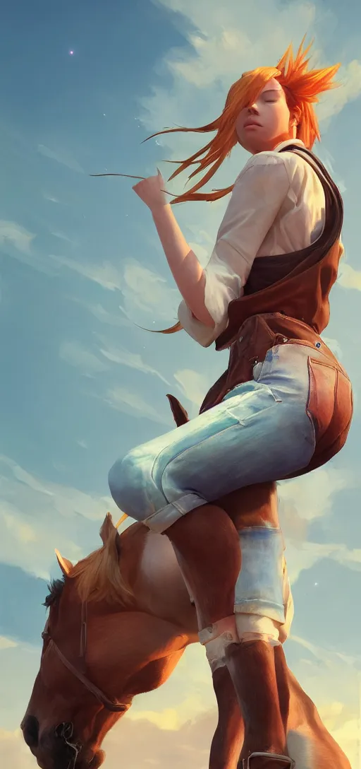 Prompt: southern ginger woman in ripped overalls riding a horse with a white mane, airbrushed, hazy, gentle, soft lighting, wojtek fus, by makoto shinkai and ilya kuvshinov,